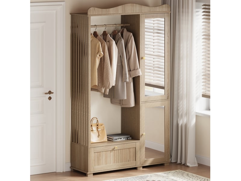Armoire penderie 115,5x38,5x194,5 cm – bois clair – miroir intégré, rangement ouvert et tiroirs - Conforama B