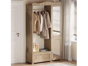 Armoire penderie 115,5x38,5x194,5 cm – bois clair – miroir intégré, rangement ouvert et tiroirs