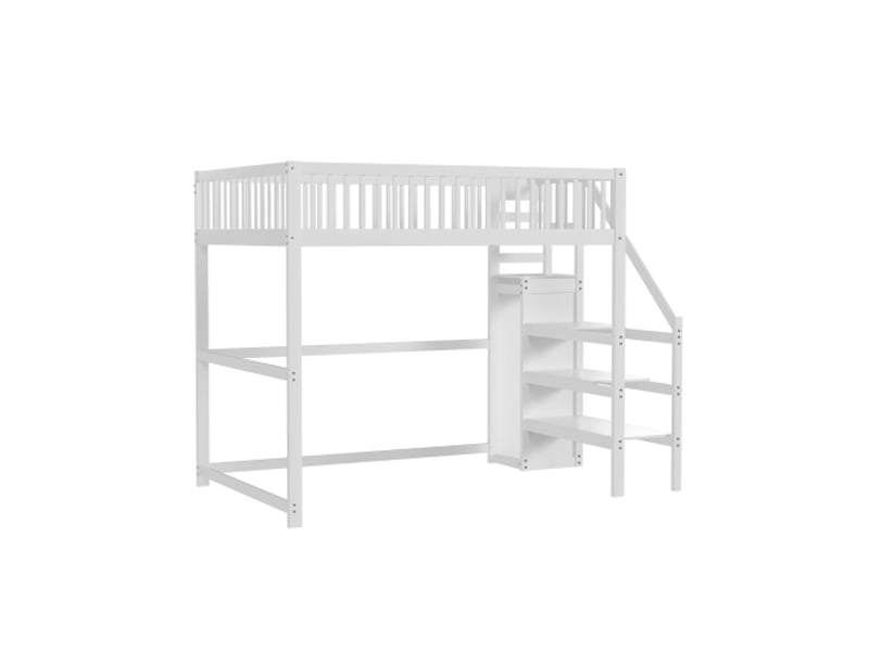 Lit mezzanine avec escalier 140x200 blanc en bois avec escalier, étagères et armoire de rangement  - Conforama A