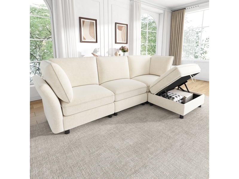  Canapé d'angle modulable 4 places en tissu chenille beige  - Conforama E