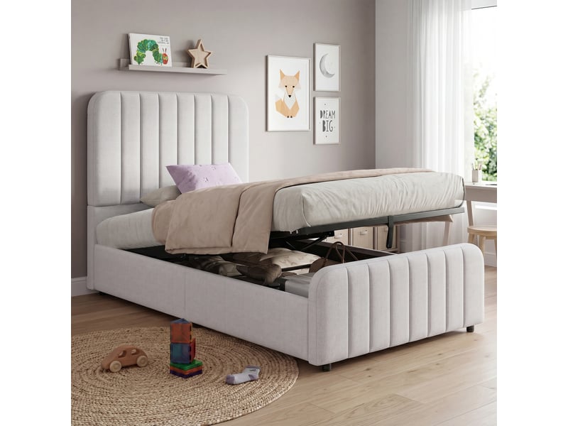  Lit capitonné 90x200 enfant avec coffre hydraulique - lit simple gris lin sommier inclus  - Conforama E