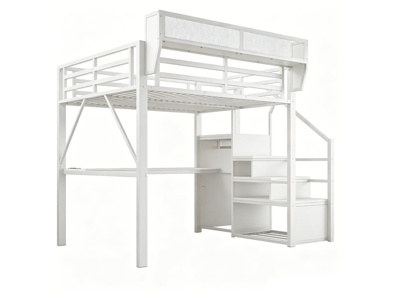 Lit mezzanine 140 x 200 cm avec led, bureau 2 m, prises et rangement, métal, blanc Fay Lum - Conforama A