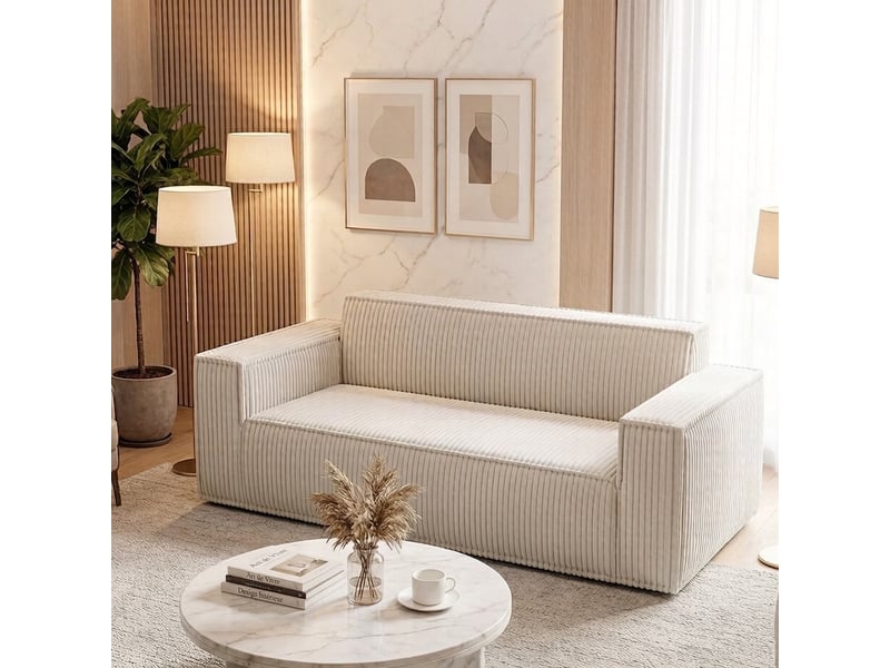  Canapé 2 places blanc en velours côtelé, canapé moderne sans pieds, 178 x 86 x 70 cm  - Conforama D