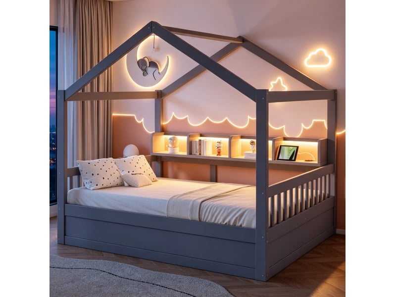 Lit cabane 140x200 cm, coffre hydraulique, barrières, rangements, led, prises, bois et mdf, gris, sans matelas - Conforama B