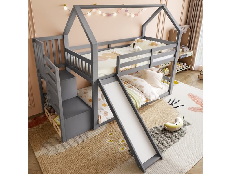  Modenvie lit mezzanine enfant cabane 90x200 cm - avec rangement et toboggan, sans matelas - gris  - Conforama E