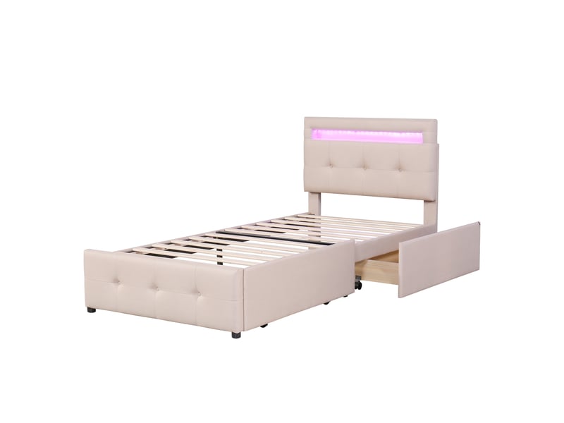 Lit enfant 90x200 cm avec led, 2 tiroirs, tête de lit réglable et sommier, lin, beige, sans matelas - Conforama A