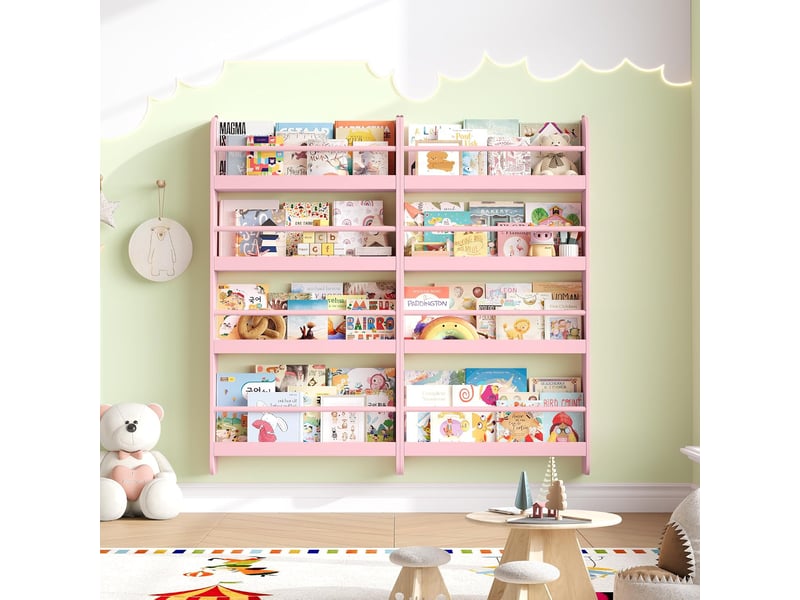  Bibliotheque enfant, bibliothèque murale avec 4 étagères, etagere murale, rangement livre jouets pour chambre d'enfants salle de jeux, rose 58x12x111cm  - Conforama E