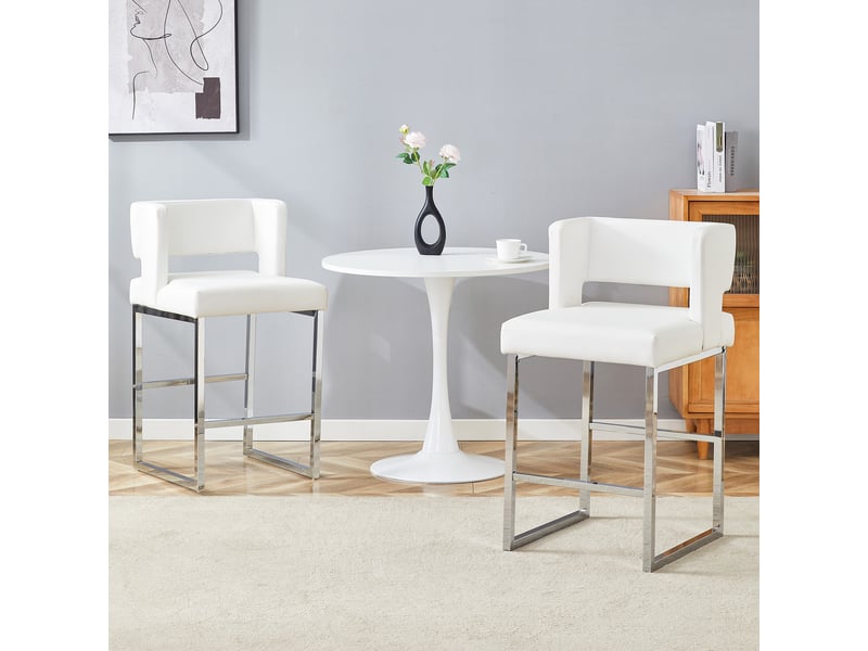 Lot de 2 tabourets de bar 53x48x91 cm, chaises hautes avec assise carrée, meuble cuisine, pieds métal argenté, pu blanc - Conforama W