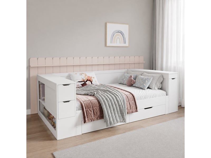  Lit enfant simple 1 place 90×190 cm, tiroir, rangement latéral et table coulissante  - sans matelas, mdf blanc  - Conforama B