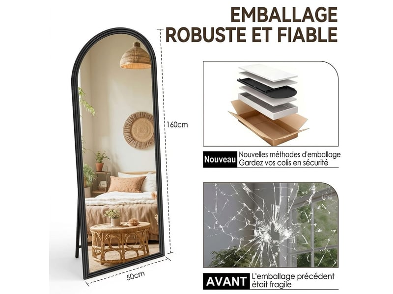 Miroir sur pied arqué pleine longueur 160 x 50 cm – grand miroir psyché autoportant avec cadre en bois massif et verre hd anti-déformation pour chambre, dressing et salon – noir - Conforama D