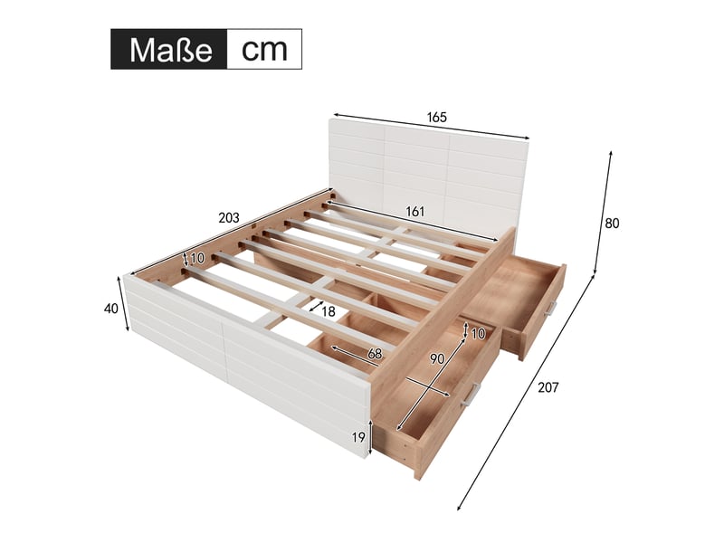 Lit double 160 x 200 cm blanc et chêne clair avec 2 tiroirs, sommier à lattes et matelas - Conforama E