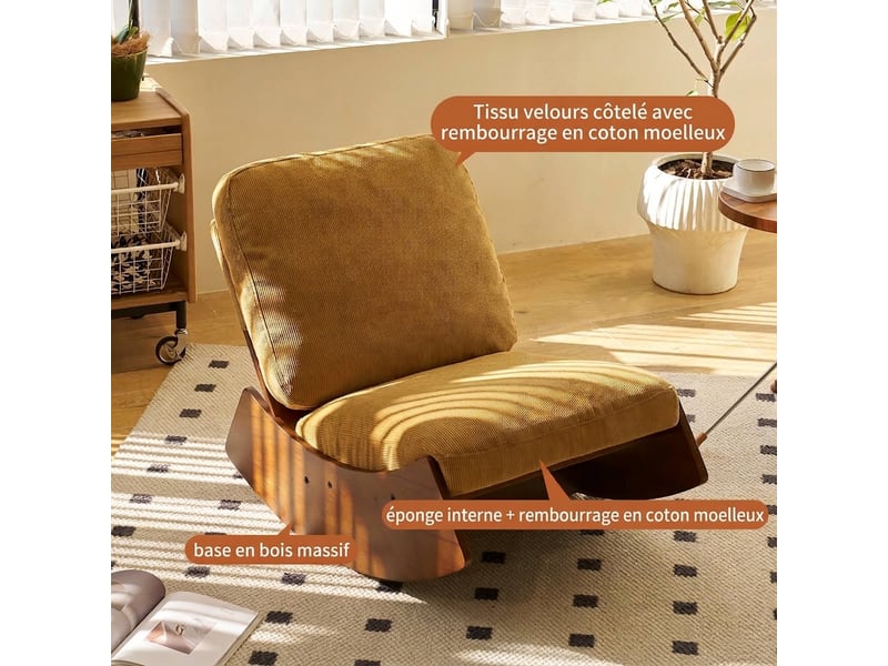  Fauteuil à bascule jaune en velours côtelé avec structure en bois massif  - Conforama B