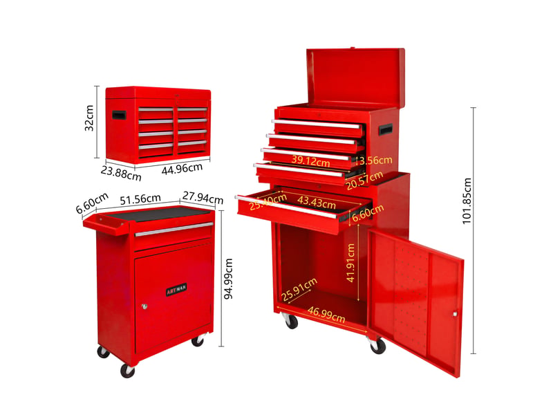Armoire à outils mobile 58,5 x 28 x 102 cm rouge en acier, rangement à tiroirs, portes et roulettes - Conforama B