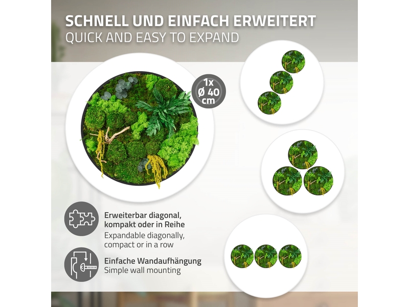  Ecd germany tableau végétal mural stabilisé, ø 40 cm, mélange de mousses avec eucalyptus, fougères et bois naturel, effet 3d, sans entretien, cadre mdf rond, décoration d'intérieur, style jungle ECD Germany GmbH - Conforama D