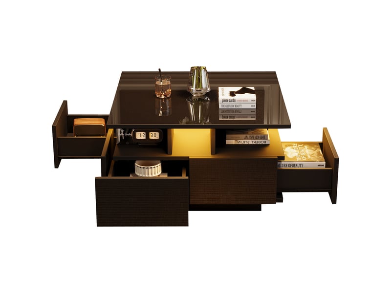  Table basse carrée noire avec led 4 tiroirs 70x70x40 cm - haute brillance 3 niveaux  - Conforama W