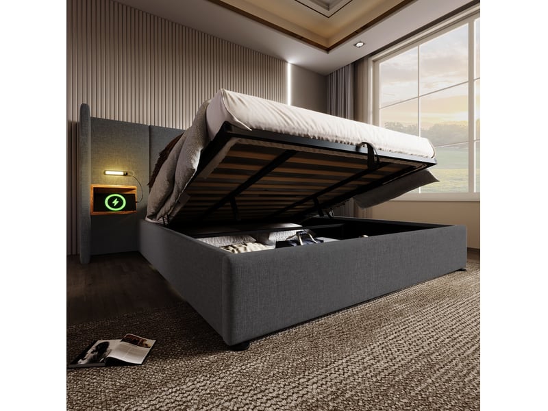  Lit double 180 x 200 cm avec rangement hydraulique, lampes de lecture et recharge usbtype-c, gris  - Conforama C
