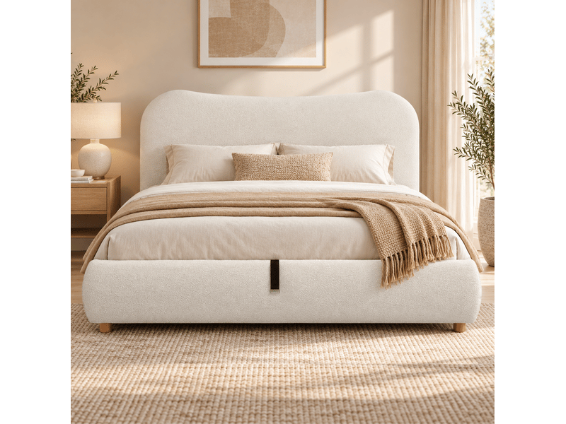  Lit coffre adulte 180x200 cm avec sommier à lattes, lit double en bouclé blanc, sans matelas  - Conforama B