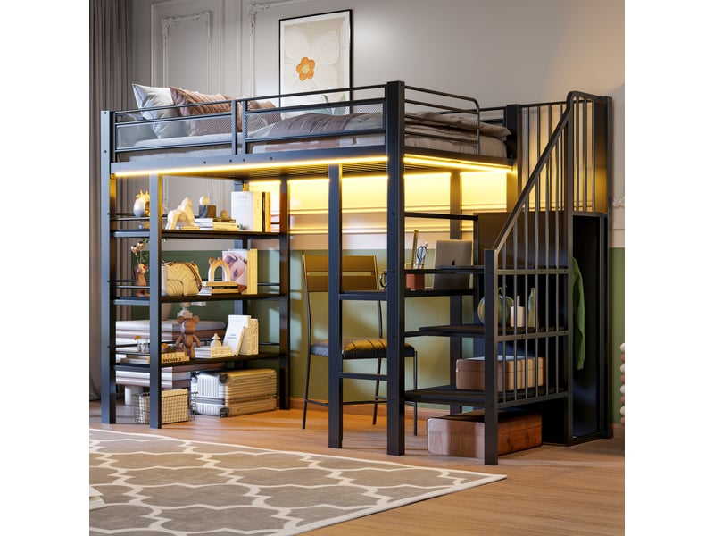 Lit mezzanine enfant 90x200 cm – noir – bureau, rangements, led et escalier réversible - sans matelas - Conforama B