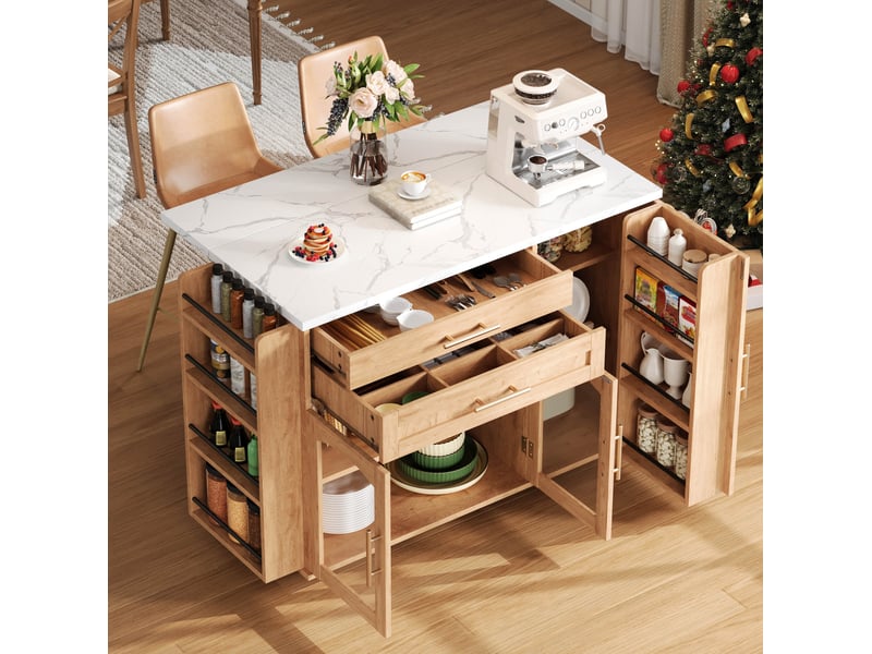  Desserte de cuisine avec plateau rabattable, 2 portes, 2 tiroirs et 5 roulettes, effet bois naturel, 120 × 45 × 90 cm  - Conforama B