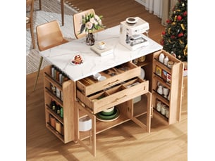 Desserte de cuisine avec plateau rabattable, 2 portes, 2 tiroirs et 5 roulettes, effet bois naturel, 120 × 45 × 90 cm
