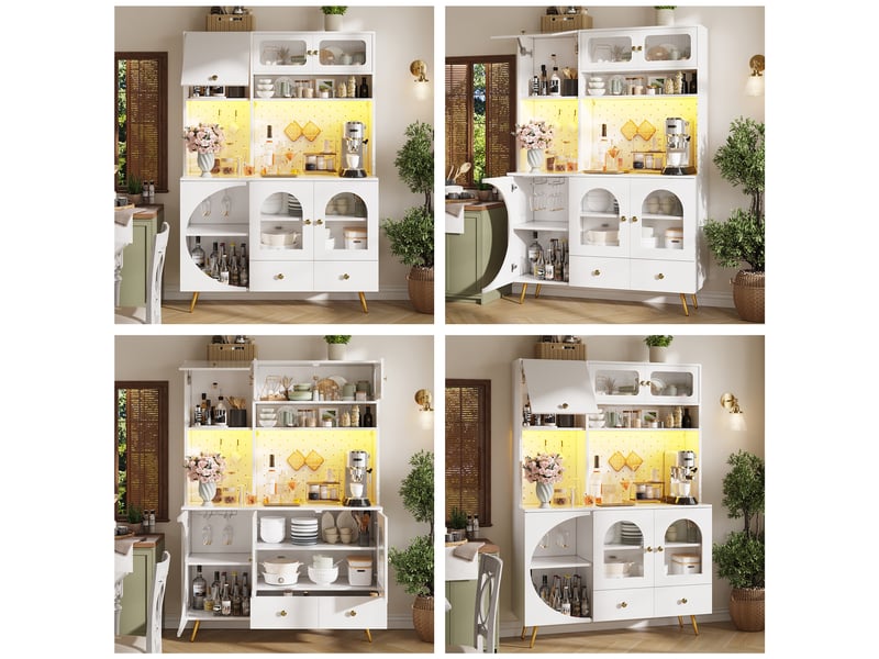  Buffet haut de cuisine blanc, meuble de rangement avec éclairage led, prises usb, panneau perforé et tiroirs, 120x40x176cm  - Conforama C