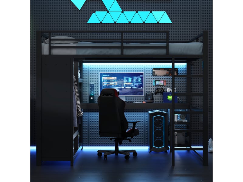  Lit mezzanine gaming en métal 160 x 200 avec éclairage led, bureau, penderie ouverte et compartiments de rangement, noir  - Conforama C