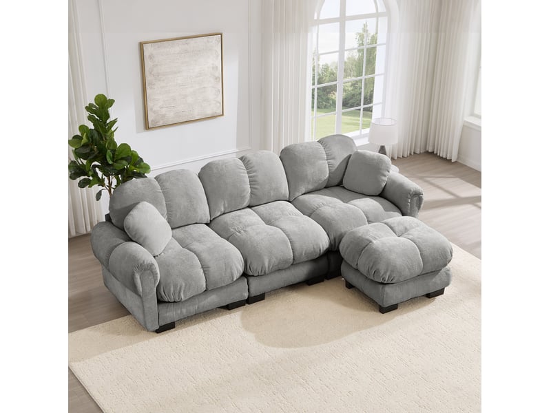 Canapé d'angle modulable 3 places modenvie avec ottomane mobile, tissu chenille gris clair, assises capitonnées, 260 x 149 x 90 cm - Conforama E