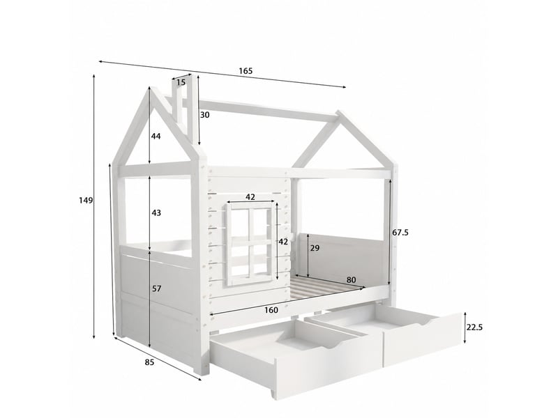  Lit cabane enfant 80 x 160 cm avec 2 tiroirs et barrières, pin massif, blanc  - Conforama C