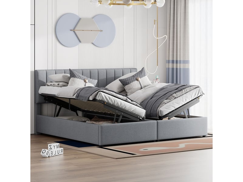 Lit coffre 180x200cm séparable en 2 lits - lit rembourré - tête de lit réglable, tissu lin, sommier inclus, gris - Conforama B