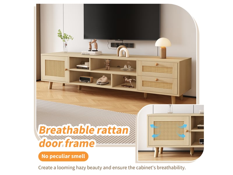  Meuble tv contemporain 160 cm bois et rattan – pour tv 70, 2 tiroirs, 1 porte, gestion des câbles, meuble bas salon  - Conforama E