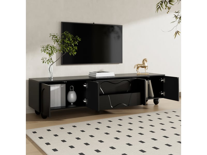  Meuble tv noir 180 cm avec rangements et portes arrondies  - Conforama C