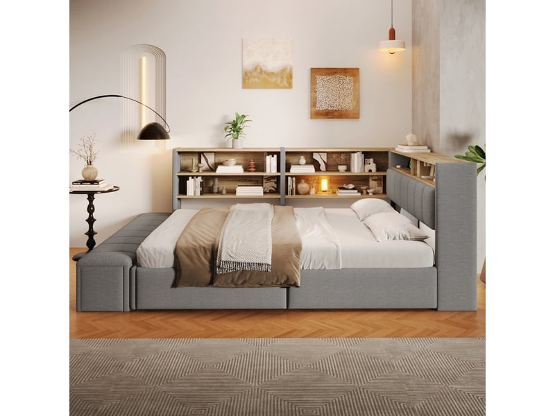Canapé-lit coffre 140 x 200 cm - avec prise électrique - avec port usb - avec lumière led - tissu velours - gris (matelas non inclus) - Conforama B