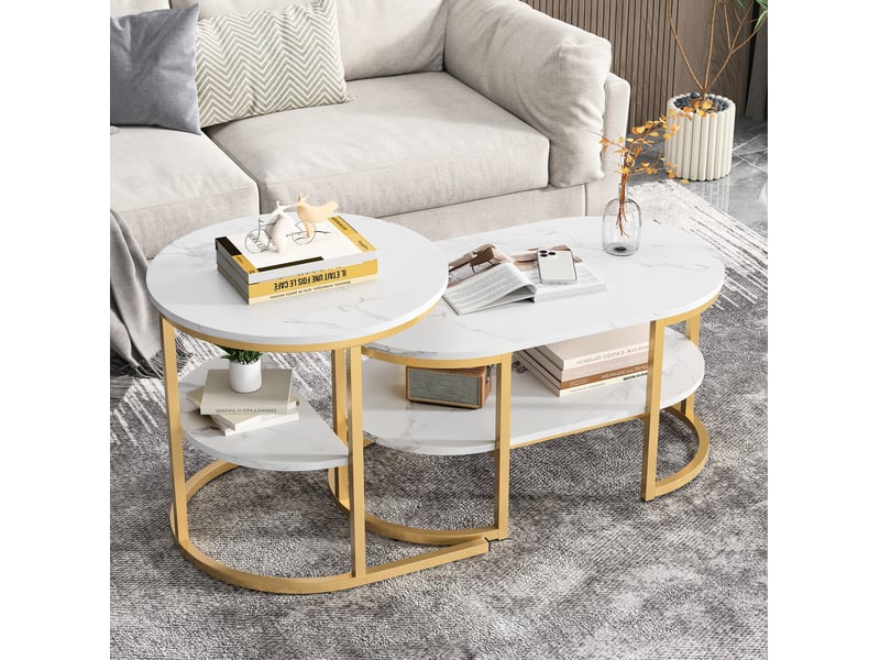  Lot de 2 tables basses gigognes dorées en bois et acier inoxydable  - Conforama B