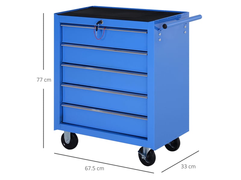 Servante d'atelier 67,5 x 33 x 77 cm bleue en acier, 5 tiroirs verrouillables sur roulettes avec frein - Conforama C