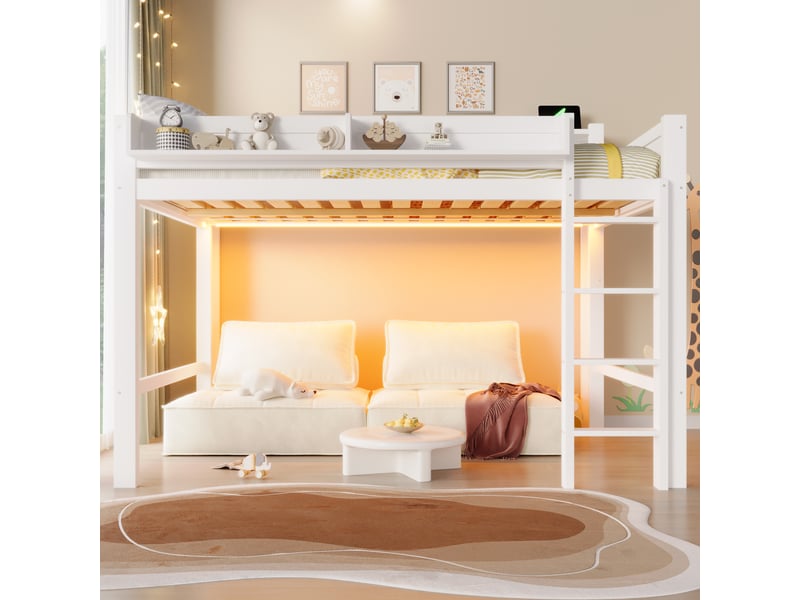  Lit mezzanine 140x200cm - avec 3 niches de rangement - led et port usb - structure pin et mdf - blanc Bubbly Shop - Conforama C