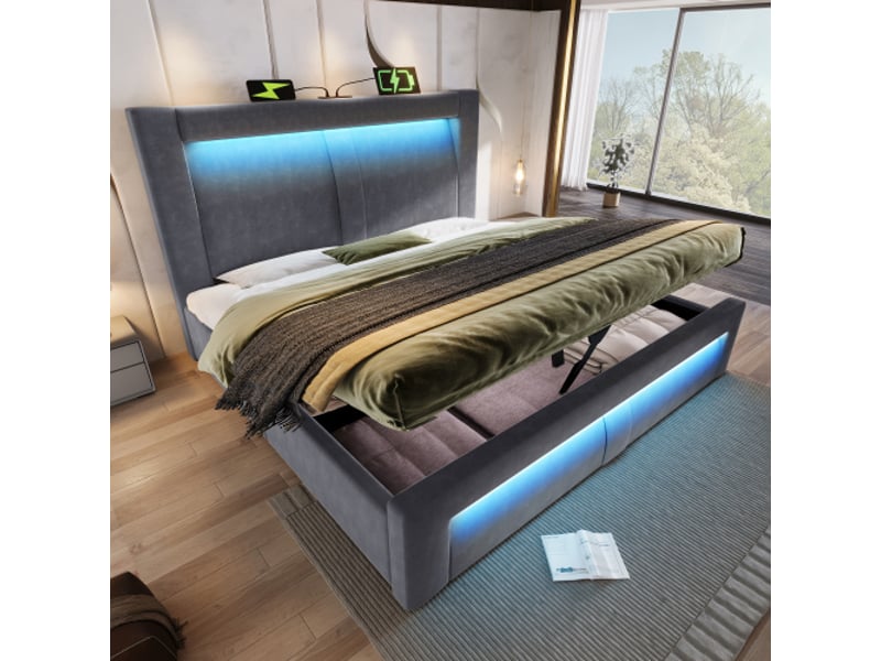  Lit double 160x200 avec rangements et levage hydraulique, led via app, usb-c, velours gris, tête incurvée, sans matelas  - Conforama B