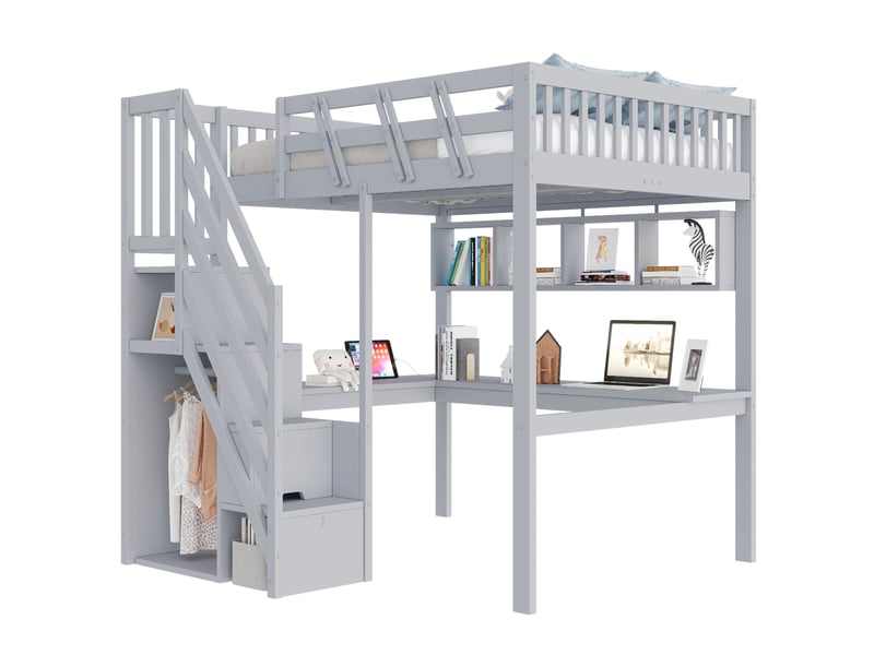 Lit mezzanine modenvie 140 x 200 cm avec bureau rangement led et prises usb gris  - Conforama A