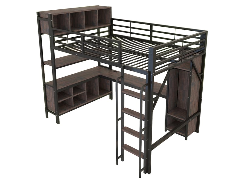  Lit mezzanine 140x200 cm avec bureau et armoire - étagères - led et prises - garde-corps haut - noir  - Conforama E