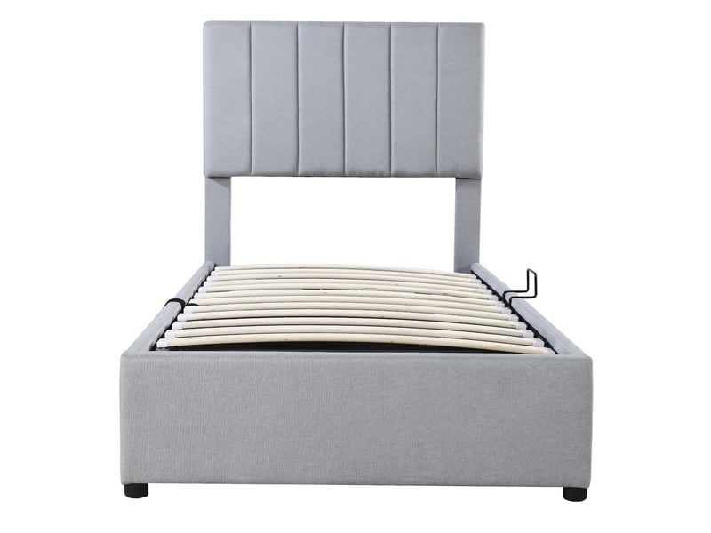 Lit enfant 90x200 cm en tissu gris, coffre hydraulique, rangement et sommier à lattes - Conforama A