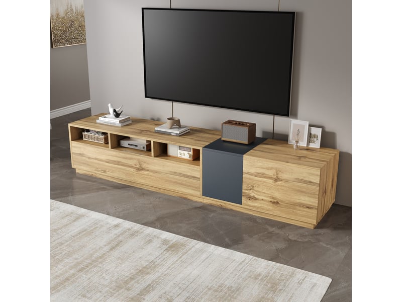  Meuble tv 200 cm décor bois et gris foncé, 3 niches et 3 portes Fay Lum - Conforama E