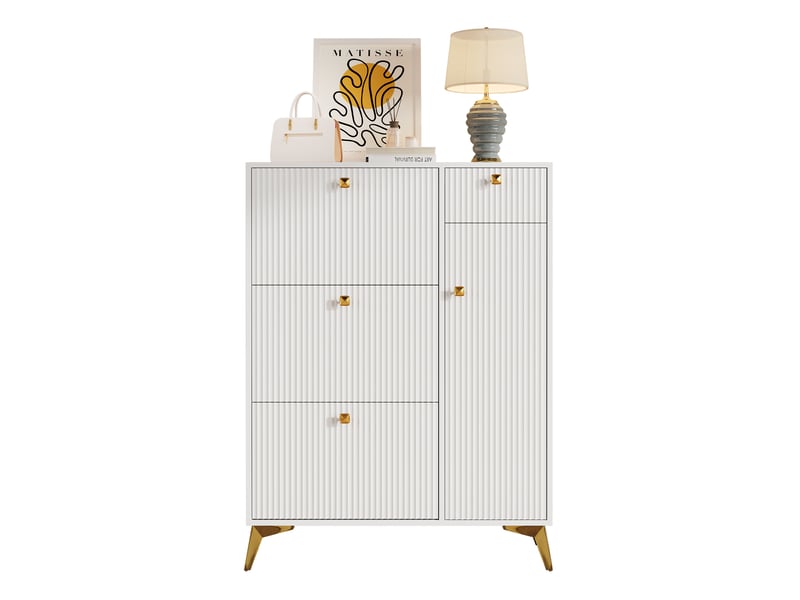 Meuble à chaussures blanc 90x25x121 cm avec 3 abattants, 1 tiroir et 1 porte - Conforama A