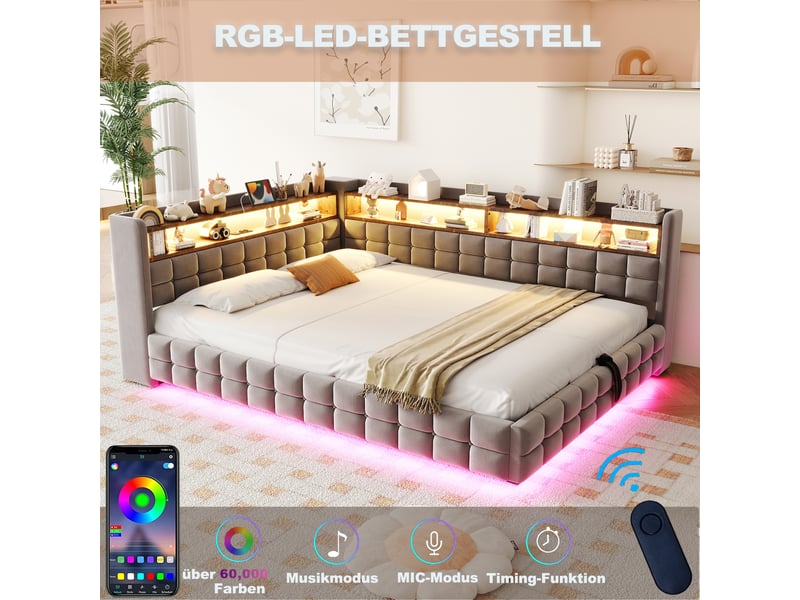 Lit coffre hydraulique 140x200 cm avec rangements, led et prises usb-c, velours gris clair, sans matelas - Conforama D