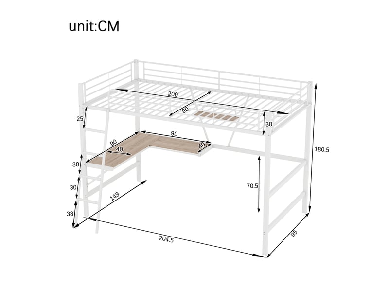  Lit mezzanine avec bureau en l et étagère, lit en métal 90x200 cm pour enfants et adultes, cadre robuste, sans matelas, blanc  - Conforama C