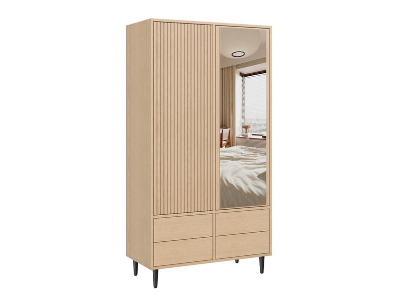  Armoire 2 portes avec miroir, 1 barre de penderie, 4 compartiments et 4 tiroirs, 200 x 90 x 45 cm, naturel  - Conforama A