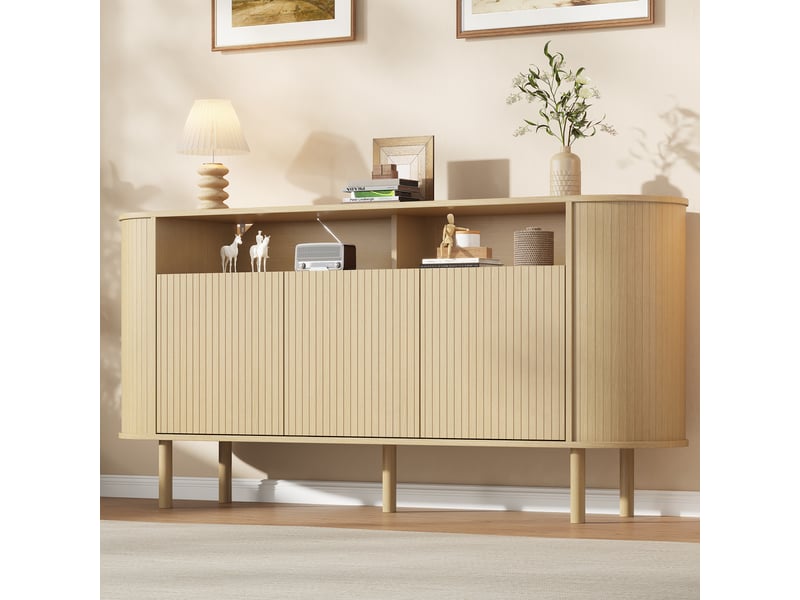  Buffet 3 portes et 2 niches pour salon en panneaux de particules 160×40×78,5 cm bois naturel  - Conforama B
