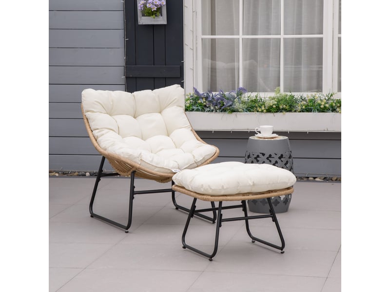  Fauteuil chaise de jardin avec repose-pieds en métal époxy et résine tressée aspect rotin avec coussins  - Conforama C
