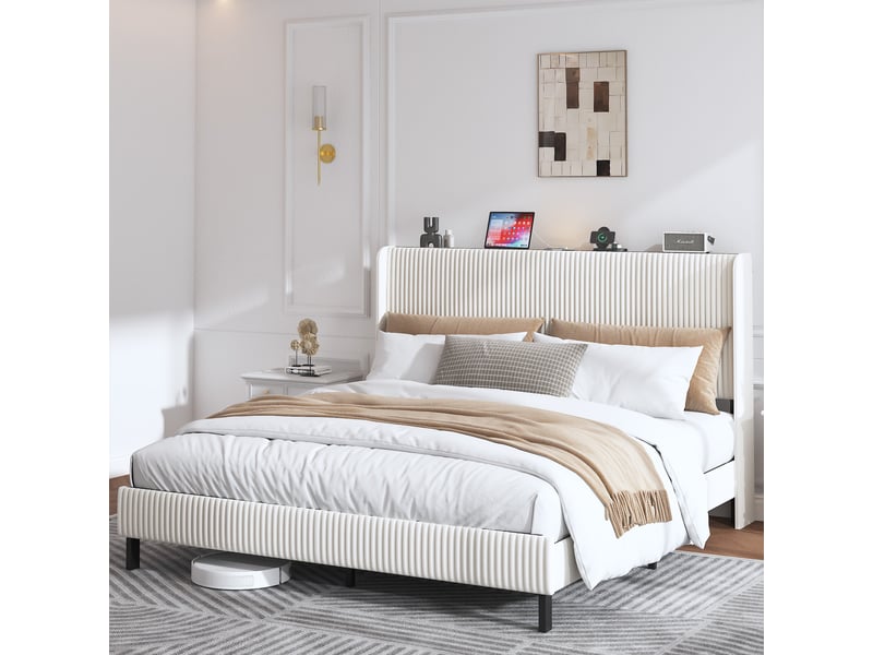  Lit double 180x200 cm avec sommier à lattes, lit double rembourré avec tête de lit en tissu, blanc, lit 2 personnes  - Conforama C