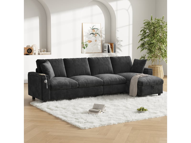 Canapé d'angle, canapé chenille – port usb, avec accoudoirs, en tissu chenille, gris, porte-gobelets - Conforama W