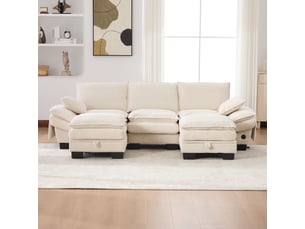 Canapé d'angle panoramique fixe <strong>MAISENTIEL</strong> <strong></strong> 3 places Velours côtelé beige avec coffre de rangement