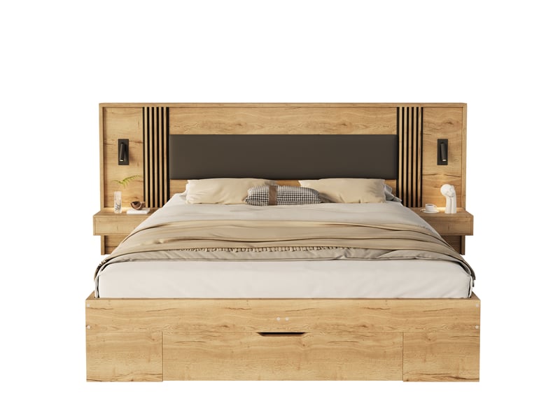  Lit double 180x200 cm avec matelas, tiroir, 2 chevets, liseuses orientables, sommier à lattes, mdf naturel  - Conforama A